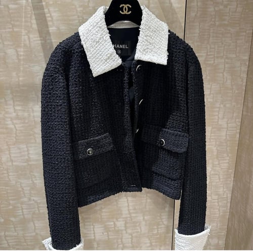 2025 بلوزون شانيل جاكيت تويد أسود أبيض