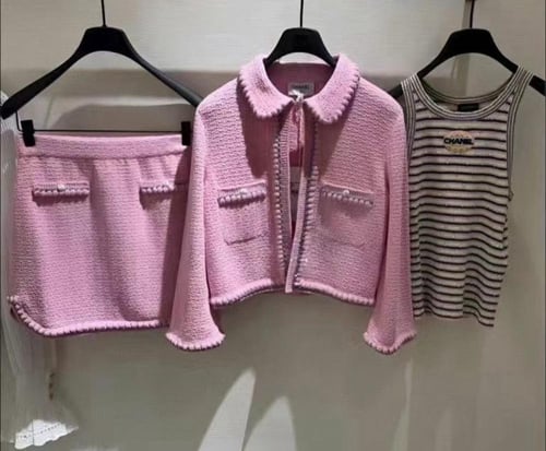 2015 تنورة شانيل قطن حريري أبيض أو وردي