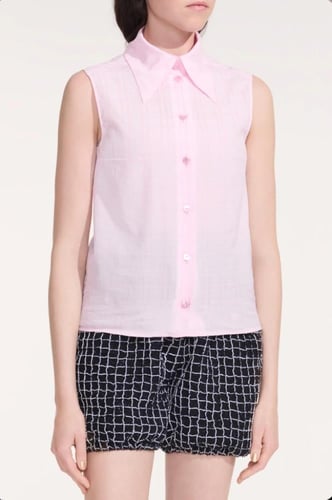 2025 بلوزة شانيل أبيض أو وردي بلا أكمام بطبعات لوق...