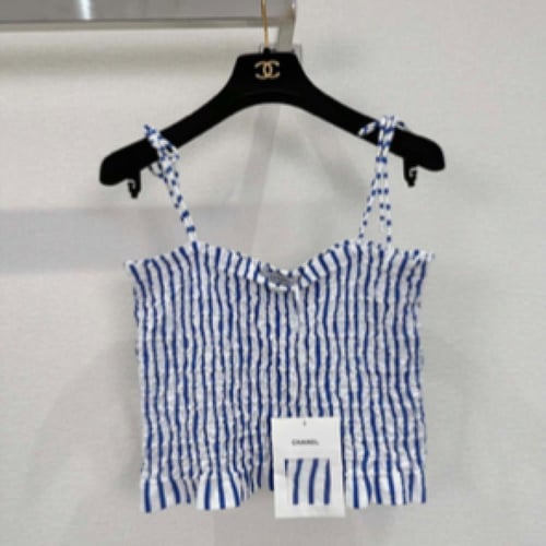 2024 قميص شانيل قطن أبيض، ازرق فاتح