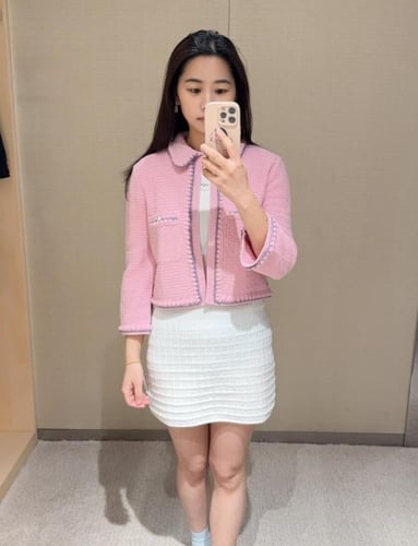 2015 سترة شانيل جاكيت قطن حريري أبيض أو وردي