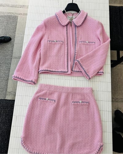 2015 سترة شانيل جاكيت قطن حريري أبيض أو وردي