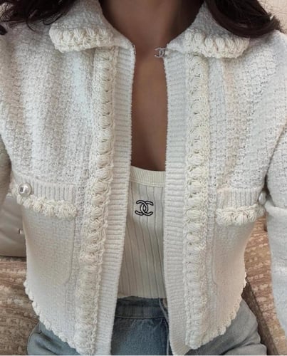 2015 سترة شانيل جاكيت قطن حريري أبيض أو وردي