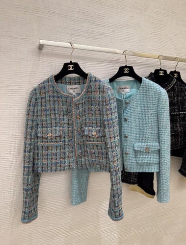 2025 سترة شانيل جاكيت تويد أخضر فيروزي