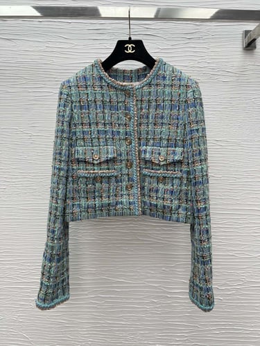 2025 سترة شانيل جاكيت تويد أخضر فيروزي