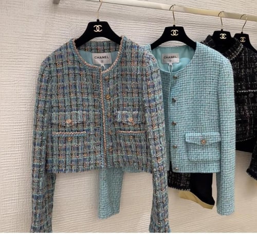 2025 سترة شانيل جاكيت تويد أخضر فيروزي