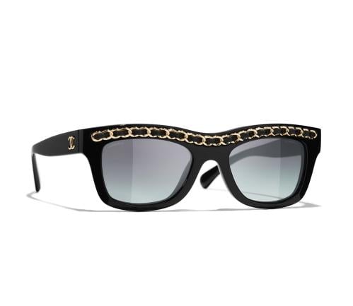 2024 نظارات شانيل شمسية بإطار مستطيل بجلد أسود