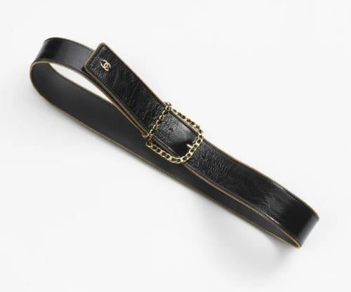 2024 حزام شانيل عريض جلد أسود ذهبي