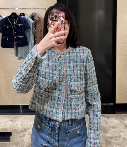 2025 سترة شانيل جاكيت تويد أخضر فيروزي