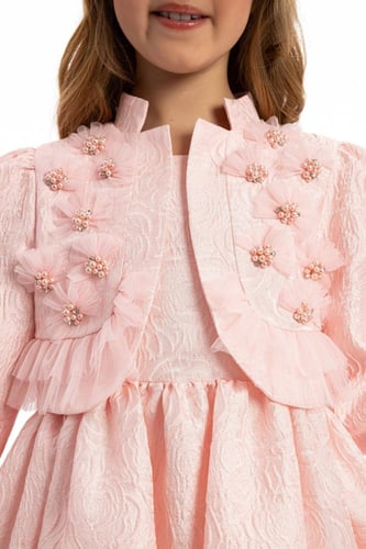 فستان وردي بجاكيت مع شنطه