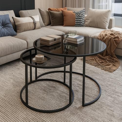 طقم طاولتين متداخلة حديد أسود زجاج أسود شفاف