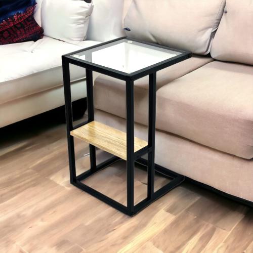 طاولة جانبية بسطح زجاجي ورف خشبي – زجاج وخشب ومعدن