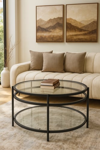 طاولة وسط حديد مع سطح زجاجي