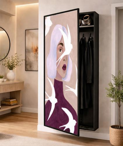 دولاب عبايات مبتكر مع باب للوحة جدارية