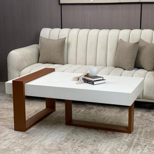 طاولة قهوة مستطيلة بلون أبيض وقاعدة خشبية – تصميم...