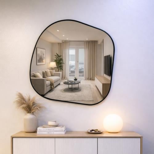 مرآة حائط بإطار أسود بتصميم غير منتظم للمدخل والصا...