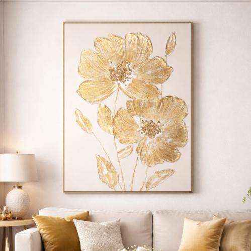 لوحة جدارية زهور ذهبية مودرن بإطار ذهبي