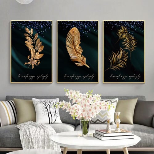طقم من 3 لوحات كنفاس اغصان ذهبية بخلفية زيتية