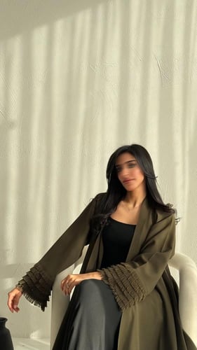 عباية كتان دبل كلوش باللون الزيتي – فخامة التصميم...
