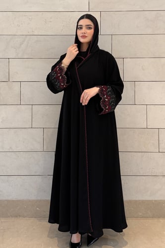 عباية ملكي كوري دبل كلوش بتطريز فاخر على الأكمام ع...