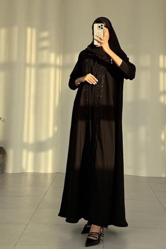 عباية انترنت نص كلوش بأكمام سترتش (أسود)