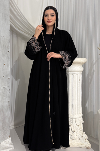 عباية سوداء ملكي كوري دبل كلوش بتطريز فاخر على الأ...