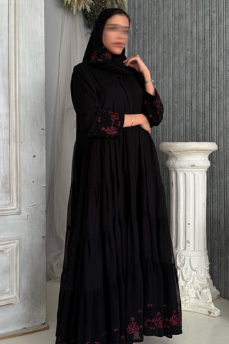 عباية شيفون مبطن بتطريز الأطراف عنابي– قصة كلوش را...