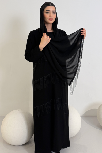 عباية سوداء ملكي كوري نص كلوش بشرّابات فاخرة