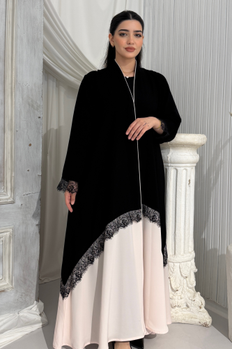 عباية ملكي كوري نص كلوش بتدخيلات دانتيل وقماش وردي...