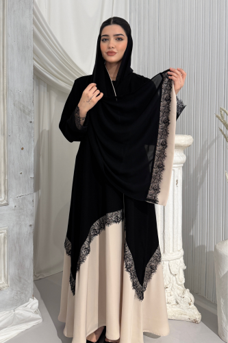 عباية ملكي كوري نص كلوش بتدخيلات دانتيل وقماش بيج...