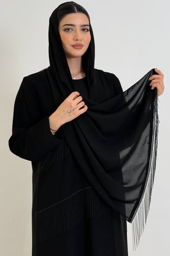 عباية سوداء ملكي كوري نص كلوش بشرّابات فاخرة