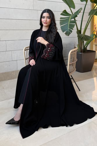 عباية ملكي كوري دبل كلوش بتطريز فاخر على الأكمام ع...