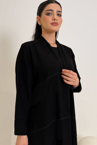 عباية سوداء ملكي كوري نص كلوش بشرّابات فاخرة