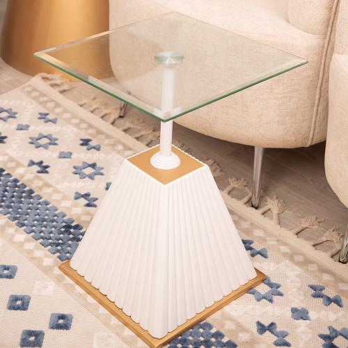 طاولة خدمة مربعه قاعدة خشب لون ابيض وذهبي