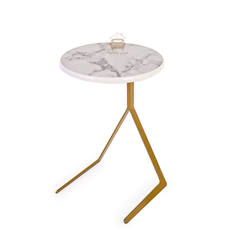 طاولة خدمة دائري لون ذهبي سطح خشب شبية الرخام