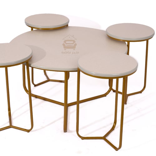 طقم طاولة تقديم مع 4 طاولات خدمة لون ذهبي وسطح خشب...