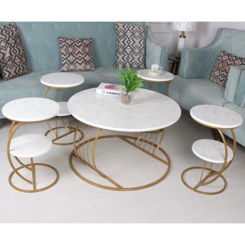 طقم طاولة تقديم لون ذهبي سطح خشب مع 4 طاولات خدمة