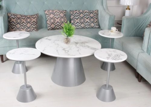 طقم طاولات ضيافة 5 قطع لون فضي سطح خشب شبيه الرخام