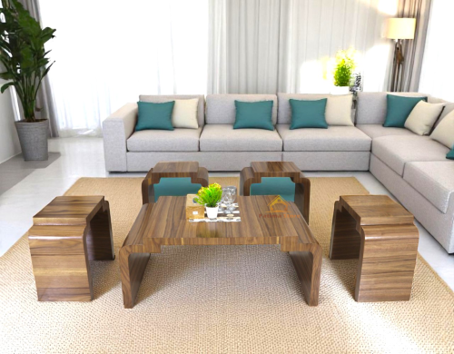 طقم طاولة ضيافة بشكل هندسي راقي مع 4 خدمة قشرة جوز