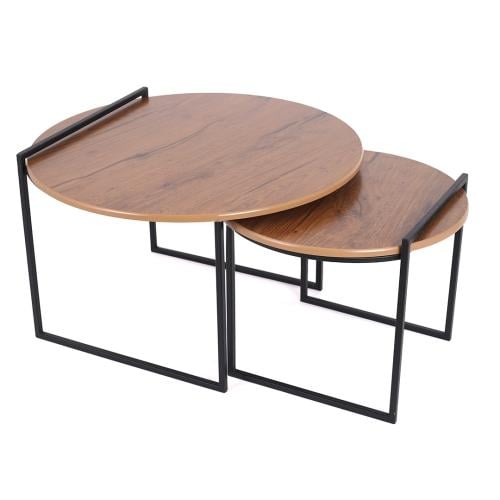 طقم طاولتين تقديم دائري خشب لون بني