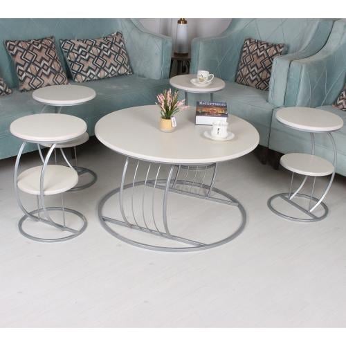 طقم طاولة لون فضي مع 4 طاولات خدمة