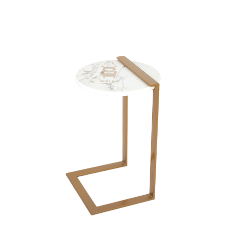 طاولة خدمة شكل دائري سطح خشب رخام لون أبيض وقواعد...