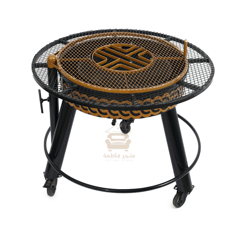 منقل شوي حطب دائري متحرك لون اسود مع ذهبي