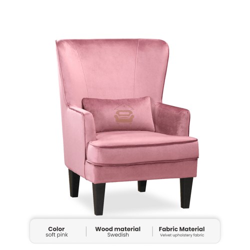 كرسي ملكي بظهرية مجنحة وذراعين منجد بالمخمل, زهري...