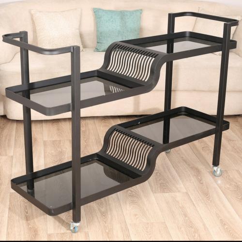 عربة تقديم قص ليزر لون اسود مطفي سطح زجاج اسود شفا...