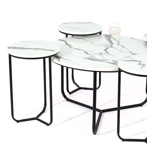 طقم طاولة تقديم مع 4 طاولات خدمة لون اسود سطح خشب