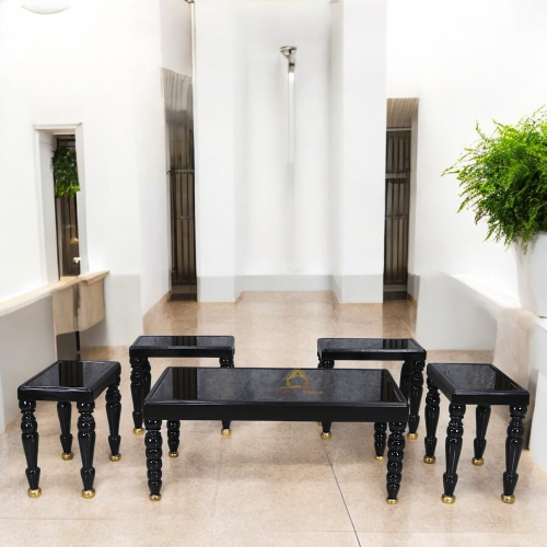 طقم طاولة ضيافة سطح زجاج اسود وقاعدة خشب زان مع 4...