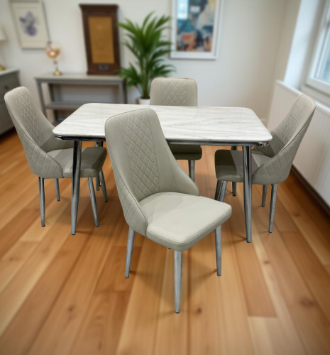 طاولة طعام رخام ستيل فضي 4 كرسي جلد