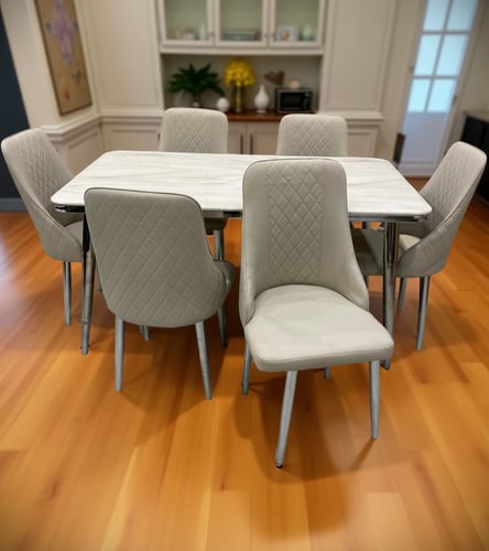 طاولة طعام رخام ستيل فضي 6 كرسي لون رمادي فاتح