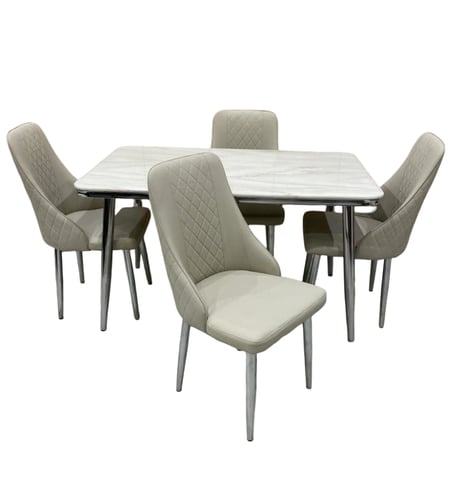 طاولة طعام رخام ستيل فضي 4 كرسي جلد